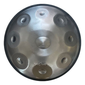 handpan mini, music for hang drum; pantams; round metal drum instrument; silver